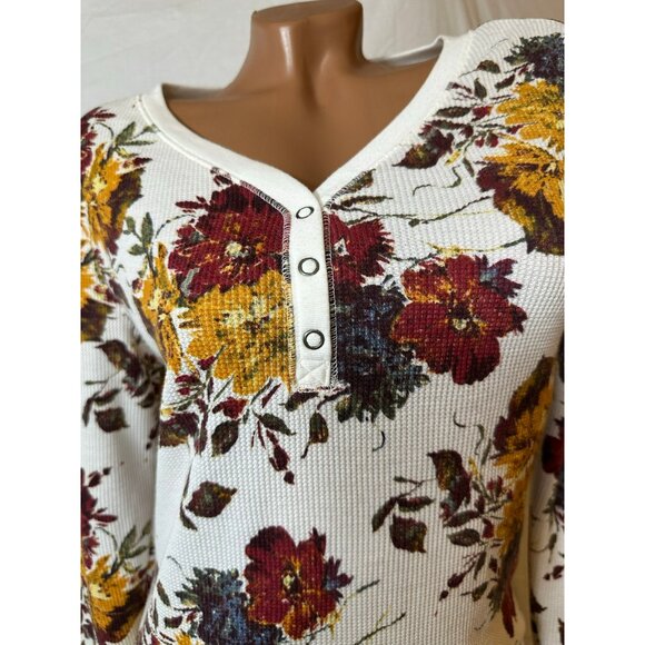 Floral Waffle Knit Henley Top M Soft Cozy Fall Colors Long Sleeve Tee - Picture 3 of 5